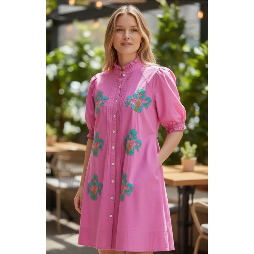 Uncle Frank Pink Embroidered Cotton Shift Dress Ruffle Neck Pintuck Small - Picture 2 of 10